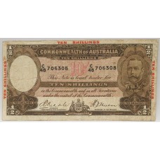 AUSTRALIA 1934 . TEN 10  SHILLINGS BANKNOTE . RIDDLE / SHEEHAN . OVERPRINT